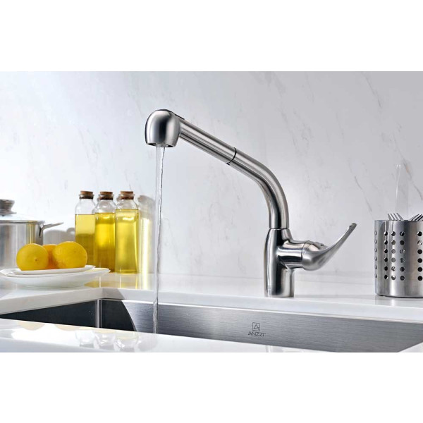 ANZZI KF-AZ095 Harbour Deck Mount Pull Out Kitchen Faucet In Brushed Nickel