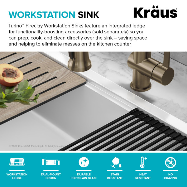 KRAUS KFDW1-33 Turino 33” Fireclay Workstation Single Kitchen Sink