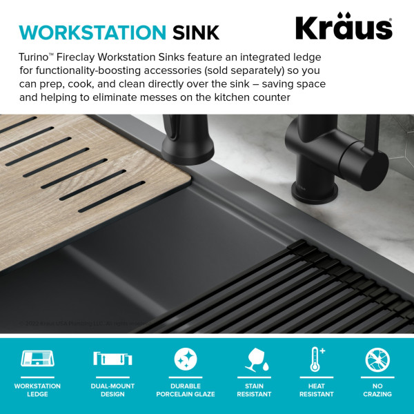 KRAUS KFDW1-33 Turino 33” Fireclay Workstation Single Kitchen Sink