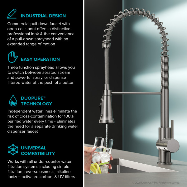 Kraus KFF-1691 2-in-1 Commercial Pull-Down Single Handle Water Filter Kitchen Faucet