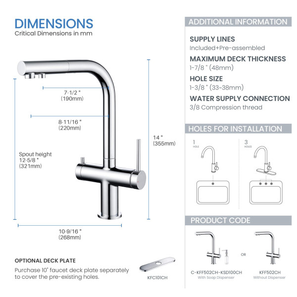 KIBI KFF502CH Circular 2-in-1 Water Filter Kitchen Pull Out Faucet