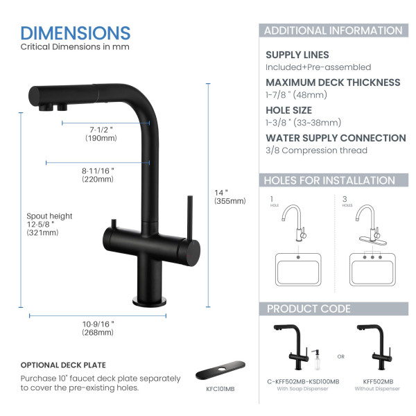 KIBI KFF502MB Circular 2-in-1 Water Filter Kitchen Pull Out Faucet