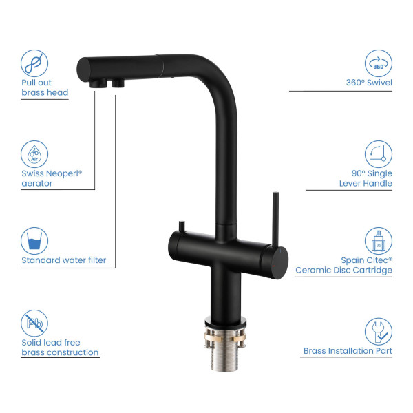 KIBI KFF502MB Circular 2-in-1 Water Filter Kitchen Pull Out Faucet