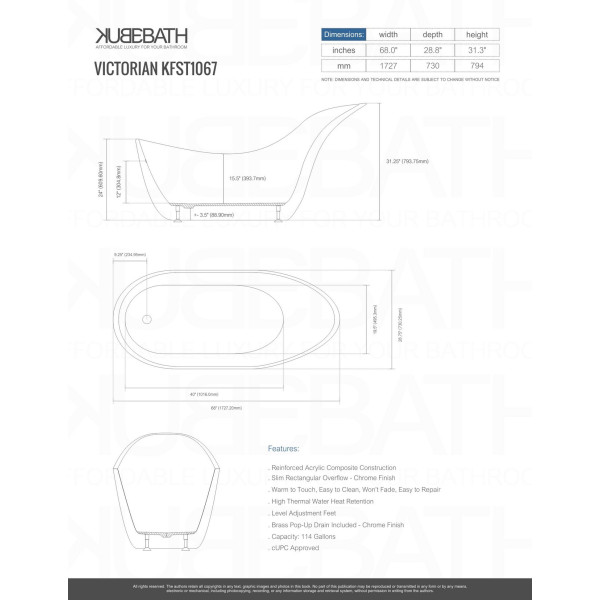 KubeBath KFST1067 Victorian 67 Inch Acrylic Free Standing Bathtub In White
