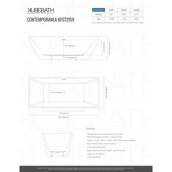 Kube KFST2159 Contemporanea 59 Inch Acrylic Free Standing Bathtub In White