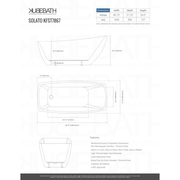 KubeBath KFST7867 Solato 67 Inch Acrylic Free Standing Bathtub In White
