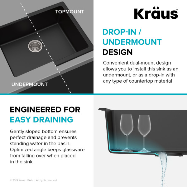 Kraus KGD-410B 24 2/5 inch Dual Mount Black Onyx Granite Kitchen Sink