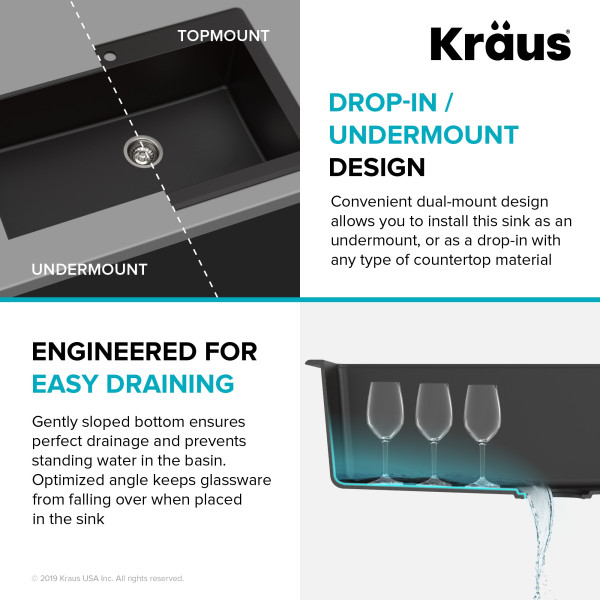 Kraus KGD-412B 31 1/5 inch Dual Mount Black Onyx Granite Kitchen Sink