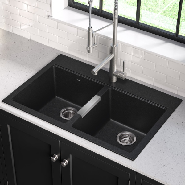 Kraus KGD-433B 33 1/2 inch Dual Mount 50/50 Black Onyx Granite Kitchen Sink