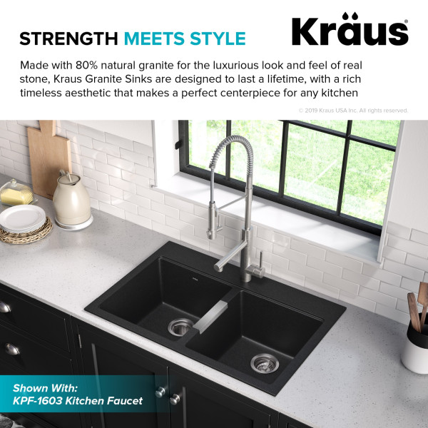 Kraus KGD-433B 33 1/2 inch Dual Mount 50/50 Black Onyx Granite Kitchen Sink