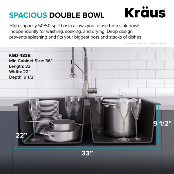 Kraus KGD-433B 33 1/2 inch Dual Mount 50/50 Black Onyx Granite Kitchen Sink