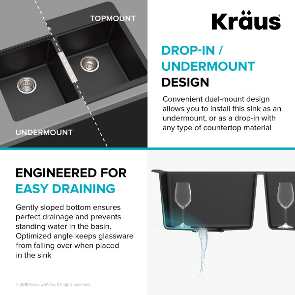 Kraus KGD-433B 33 1/2 inch Dual Mount 50/50 Black Onyx Granite Kitchen Sink