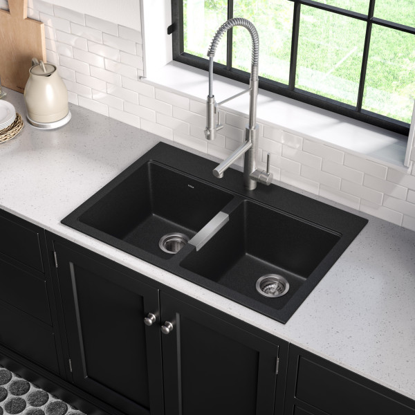 Kraus KGD-433B 33 1/2 inch Dual Mount 50/50 Black Onyx Granite Kitchen Sink