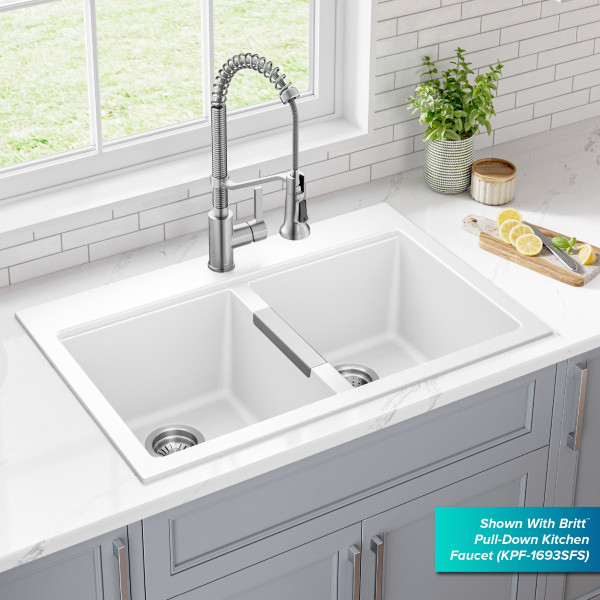 KRAUS KGD-433BWHITE Quarza™ 33” Granite Drop In Double Bowl White Kitchen Sink