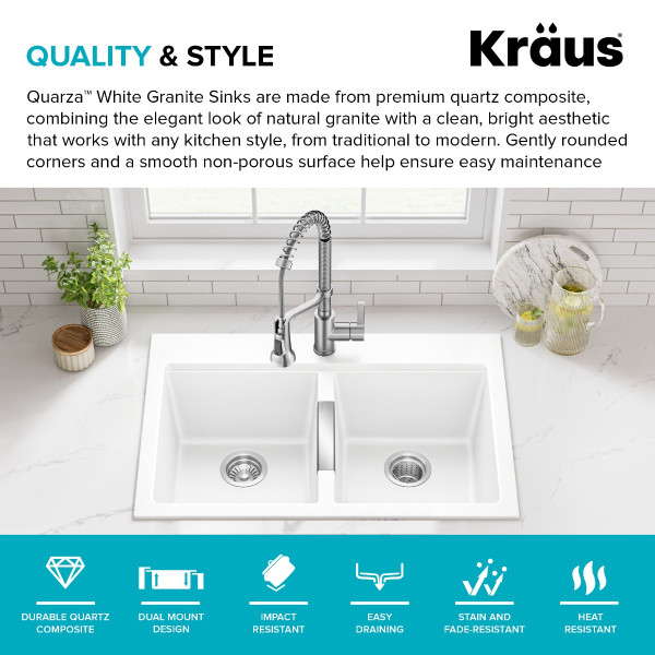 KRAUS KGD-433BWHITE Quarza™ 33” Granite Drop In Double Bowl White Kitchen Sink