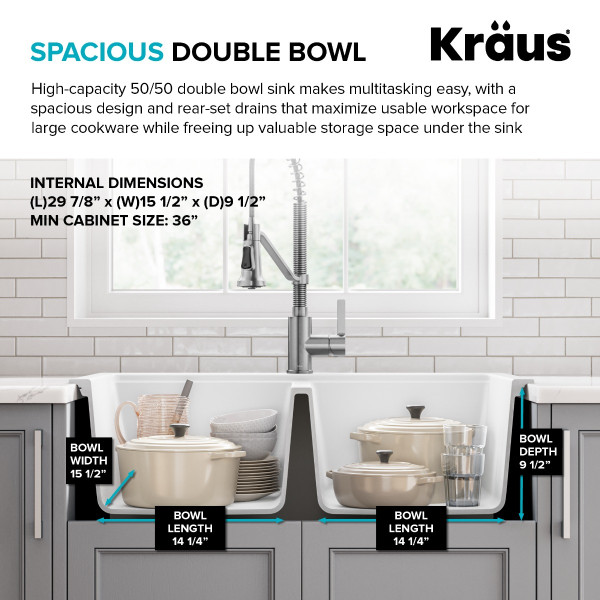 KRAUS KGD-433BWHITE Quarza™ 33” Granite Drop In Double Bowl White Kitchen Sink