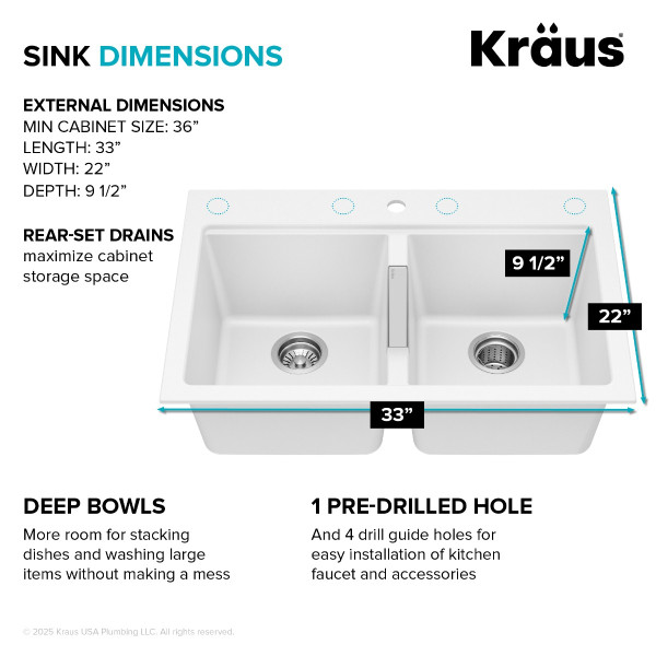 KRAUS KGD-433BWHITE Quarza™ 33” Granite Drop In Double Bowl White Kitchen Sink