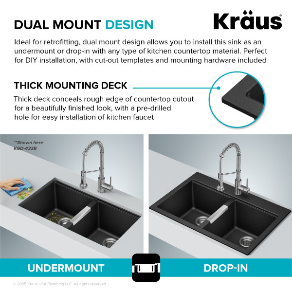 KRAUS KGD-433BWHITE Quarza™ 33” Granite Drop In Double Bowl White Kitchen Sink