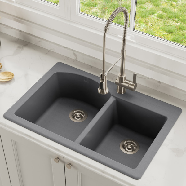 Kraus KGD-50GREY Forteza 33” Dual Mount 60/40 Double Granite Kitchen Sink Grey