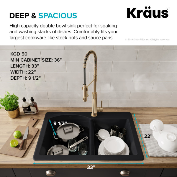 Kraus KGD-50GREY Forteza 33” Dual Mount 60/40 Double Granite Kitchen Sink Grey