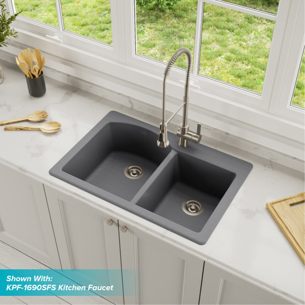 Kraus KGD-50GREY Forteza 33” Dual Mount 60/40 Double Granite Kitchen Sink Grey