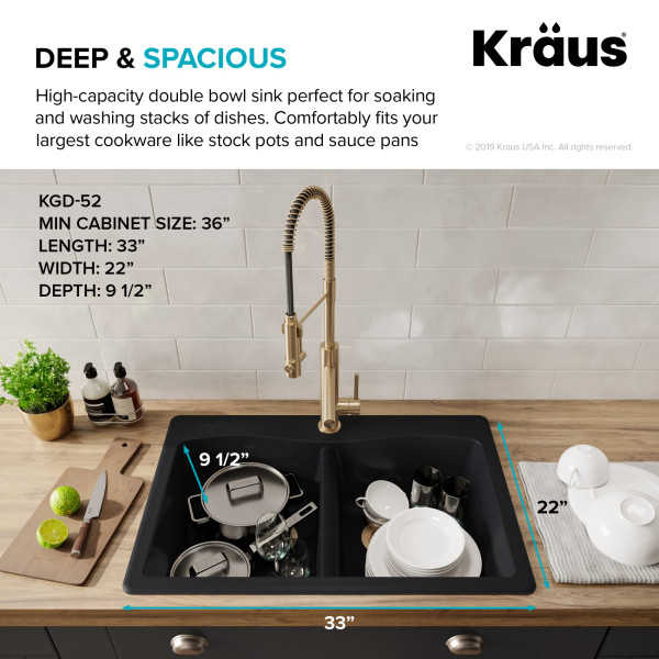 Kraus KGD-52BLACK Forteza 33” Dual Mount 50/50 Double Granite Kitchen Sink Black