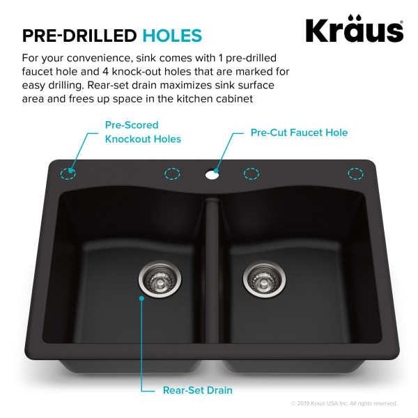 Kraus KGD-52BLACK Forteza 33” Dual Mount 50/50 Double Granite Kitchen Sink Black
