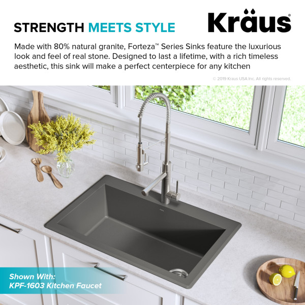 Kraus KGD-54GREY Forteza 33” Dual Mount Single Granite Kitchen Sink in Grey