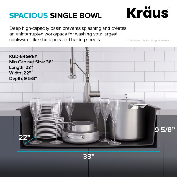Kraus KGD-54GREY Forteza 33” Dual Mount Single Granite Kitchen Sink in Grey