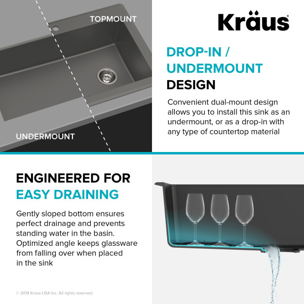 Kraus KGD-54GREY Forteza 33” Dual Mount Single Granite Kitchen Sink in Grey