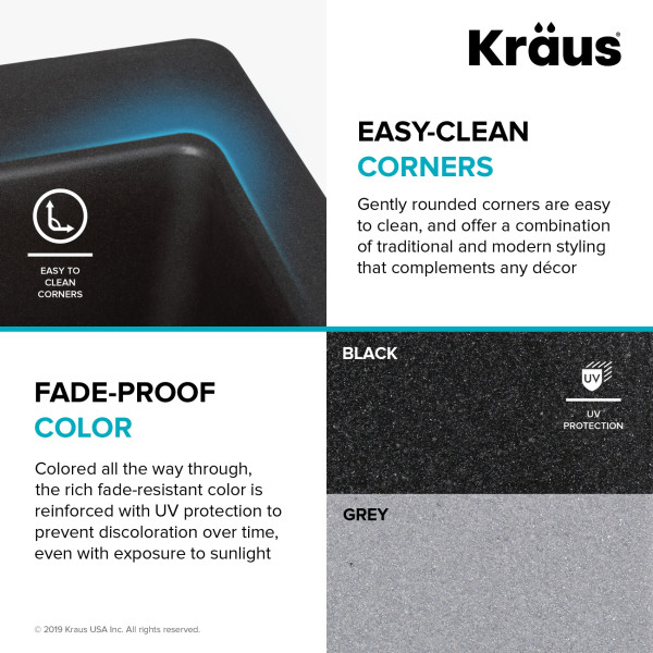Kraus KGD-54GREY Forteza 33” Dual Mount Single Granite Kitchen Sink in Grey