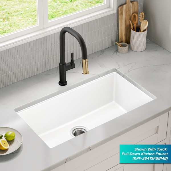 KRAUS KGU-413BWHITE Quarza™ 31” Granite Undermount Single Bowl White Kitchen Sink