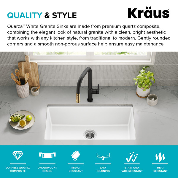 KRAUS KGU-413BWHITE Quarza™ 31” Granite Undermount Single Bowl White Kitchen Sink