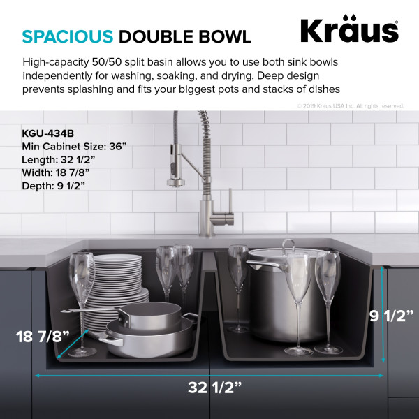 Kraus KGU-434B 33 inch Undermount 50/50 Black Onyx Granite Kitchen Sink