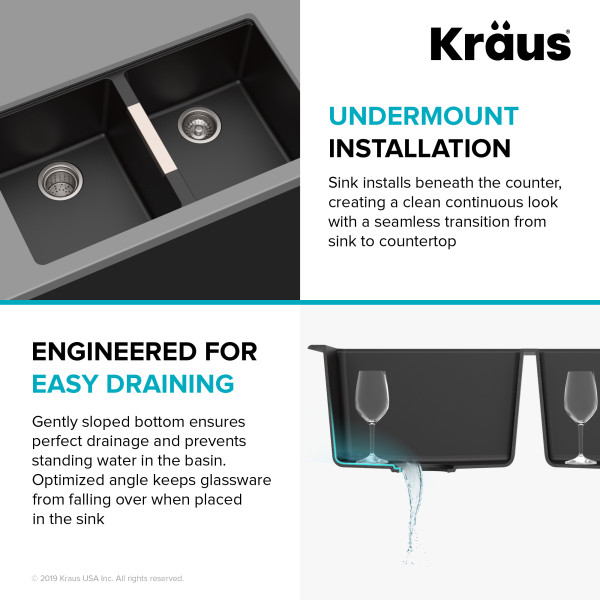 Kraus KGU-434B 33 inch Undermount 50/50 Black Onyx Granite Kitchen Sink