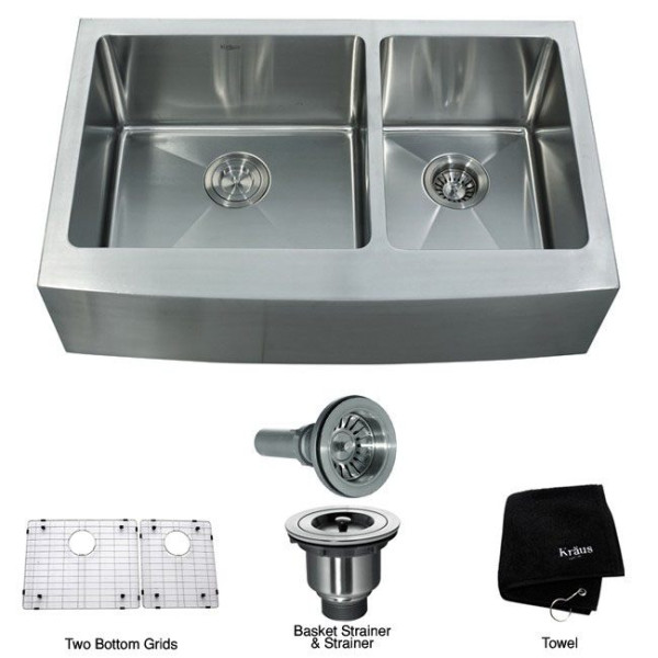 Kraus KHF203-33 33 inch Farmhouse Double Bowl Stainless Steel Kitchen Sink