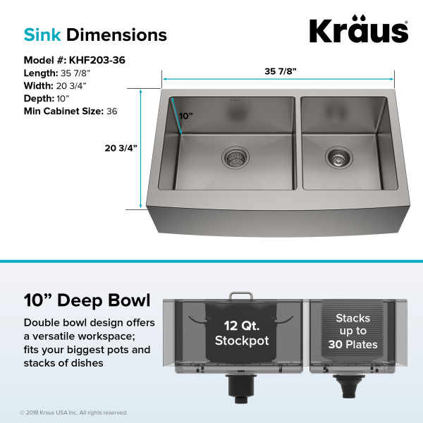 Kraus KHF203-36-100-75MB 36" 16 Gauge Double Stainless  Farmhouse Kitchen Sink