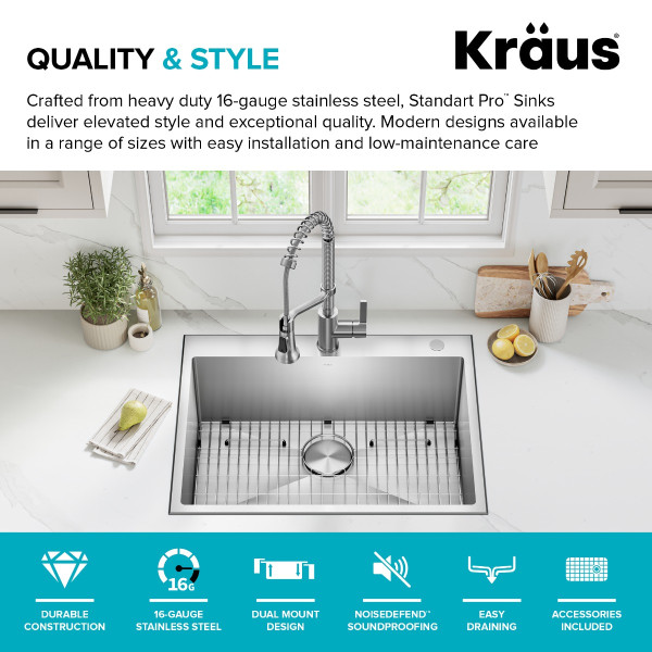 KRAUS KHT300-28 Standart PRO™ 28” Drop In Single Bowl Stainless Steel Kitchen Sink