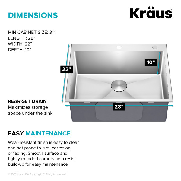 KRAUS KHT300-28 Standart PRO™ 28” Drop In Single Bowl Stainless Steel Kitchen Sink