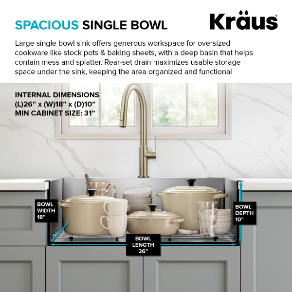 KRAUS KHT300-28 Standart PRO™ 28” Drop In Single Bowl Stainless Steel Kitchen Sink