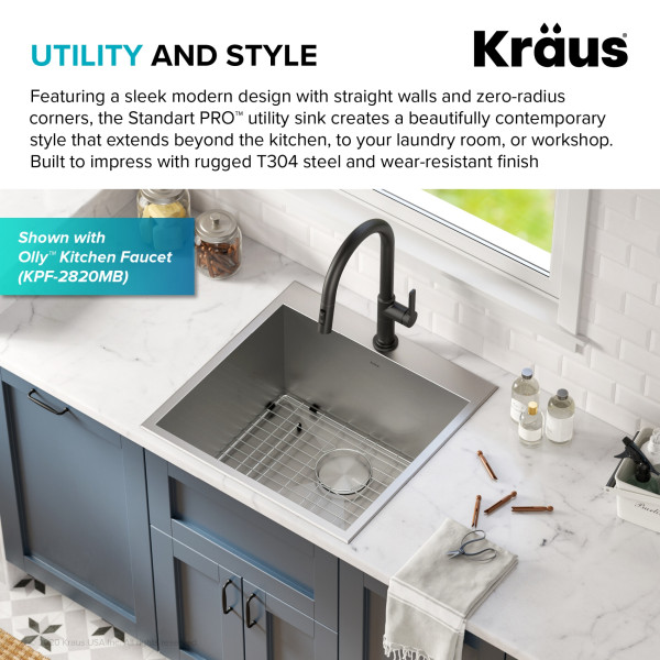 Kraus KHT301-22L 22” Dual Mount Stainless  Single Bowl Deep Laundry Utility Sink