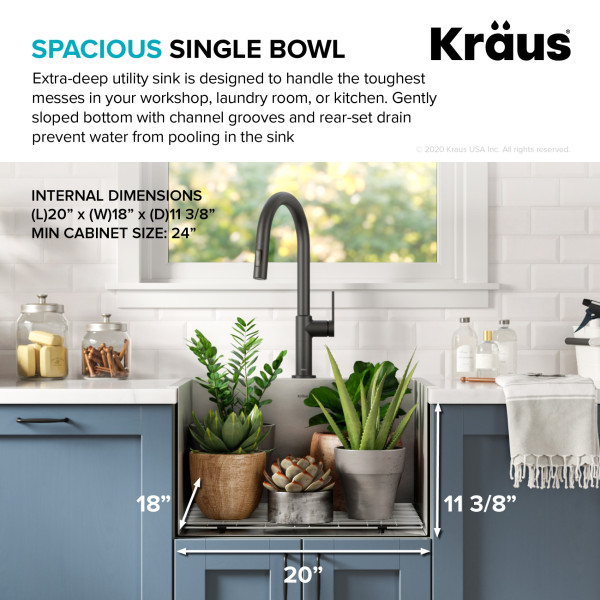 Kraus KHT301-22L 22” Dual Mount Stainless  Single Bowl Deep Laundry Utility Sink