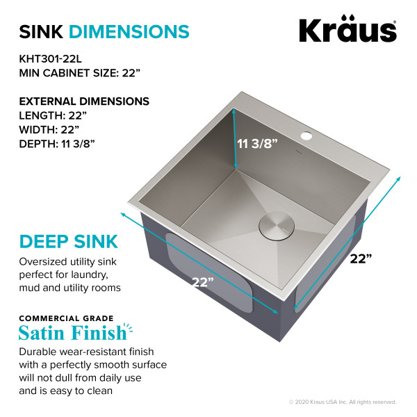 Kraus KHT301-22L 22” Dual Mount Stainless  Single Bowl Deep Laundry Utility Sink