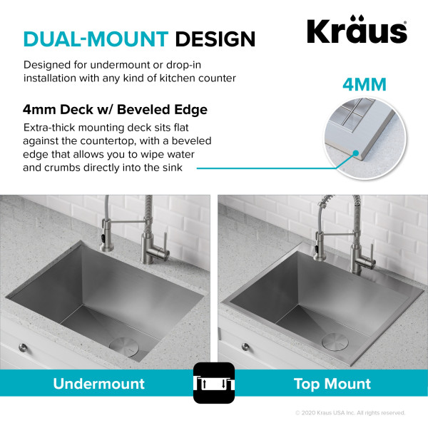 Kraus KHT301-22L 22” Dual Mount Stainless  Single Bowl Deep Laundry Utility Sink