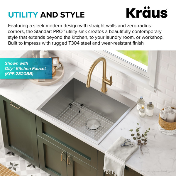 Kraus KHT301-25L 25” Dual Mount Stainless  Single Bowl Deep Laundry Utility Sink