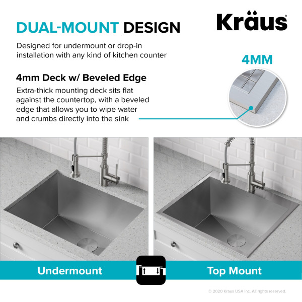Kraus KHT301-25L 25” Dual Mount Stainless  Single Bowl Deep Laundry Utility Sink