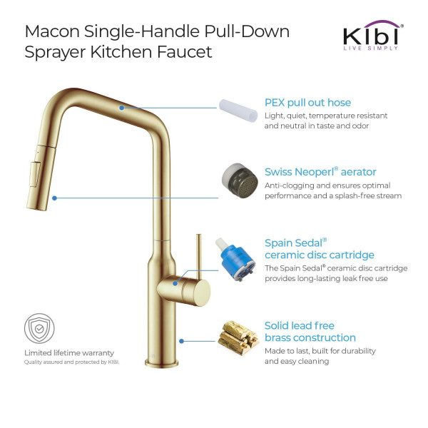 KIBI KKF2007BG Macon Single Handle Pull Down Kitchen Sink Faucet