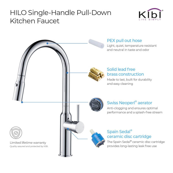 KIBI KKF2008CH Hilo Single Handle Pull Down Kitchen Sink Faucet
