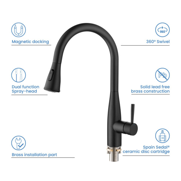 KIBI KKF2016MB Bari-T Single Handle Pull Down Kitchen Sink Faucet