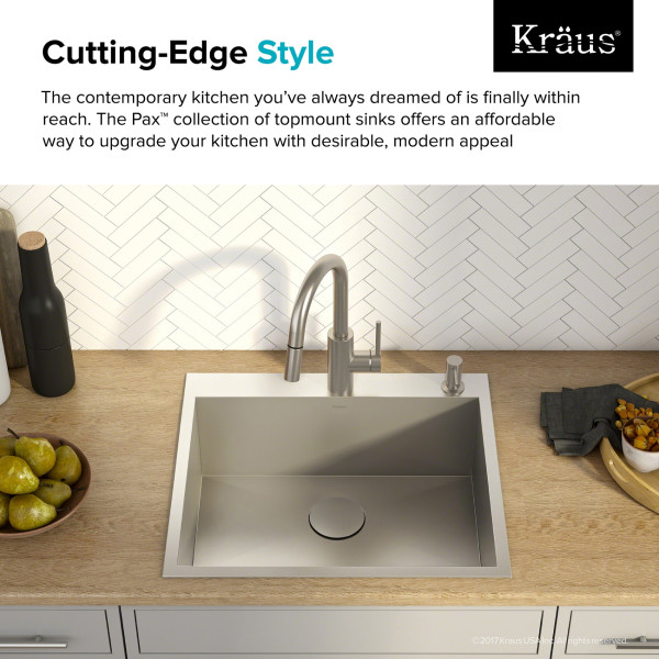 Kraus KP1TS25S-1 Pax™ 25” Single Bowl Stainless Steel Drop-In Kitchen Sink